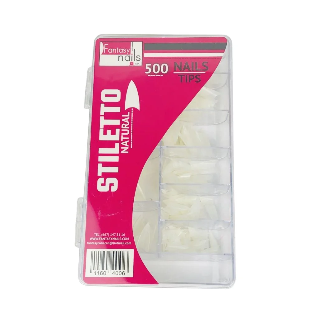 caja de tips stiletto de 500 pzs natural fantasy nails
